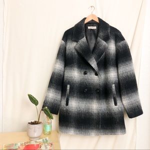 Black and White Plaid Brushed Wool Double Breasted Coat